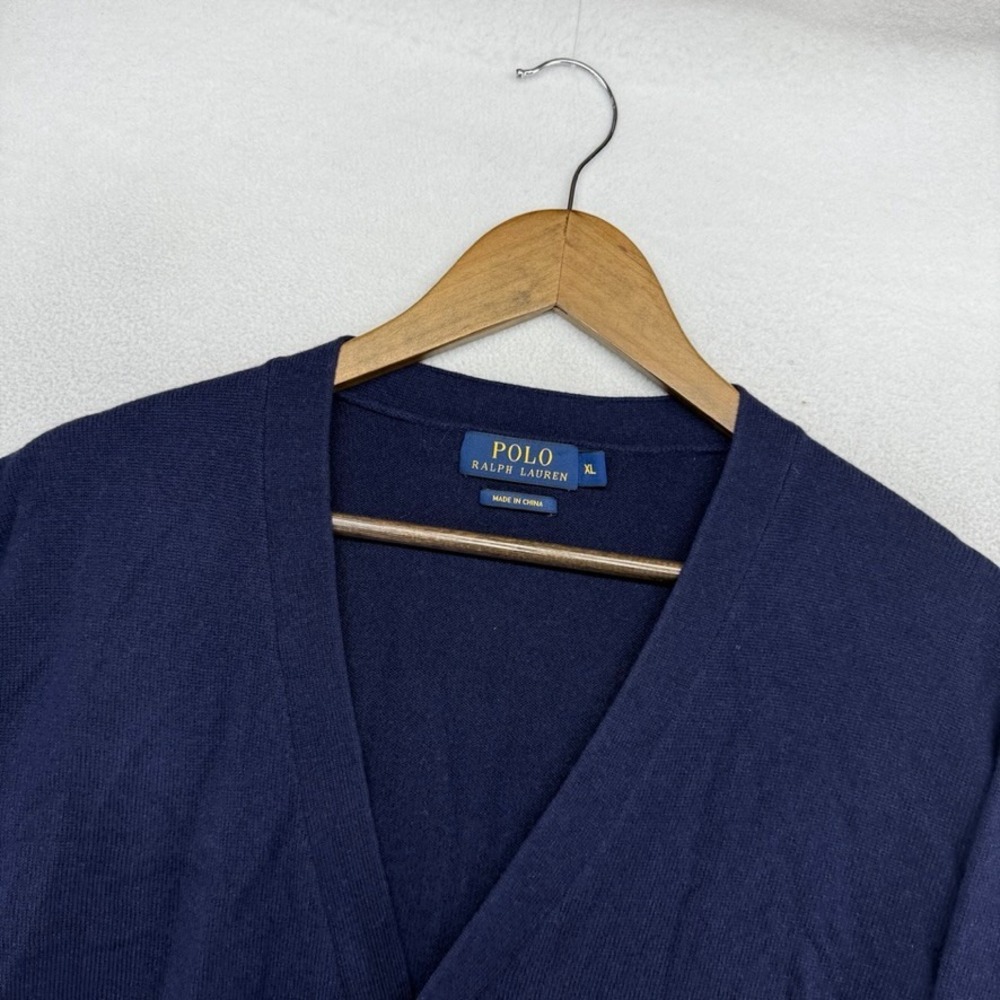 Ralph Lauren Cardigan Sweater Mens XL Navy Blue Elbow Patch Merino Wool V-Neck - Picture 2 of 10